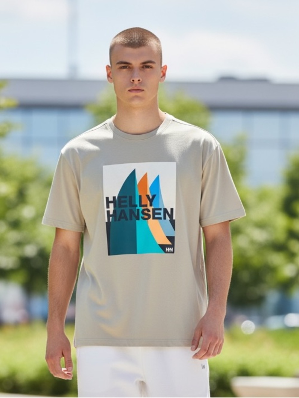 Helly Hansen Sand Short-Sleeve Graphic Tee with Blue & Orange Accents